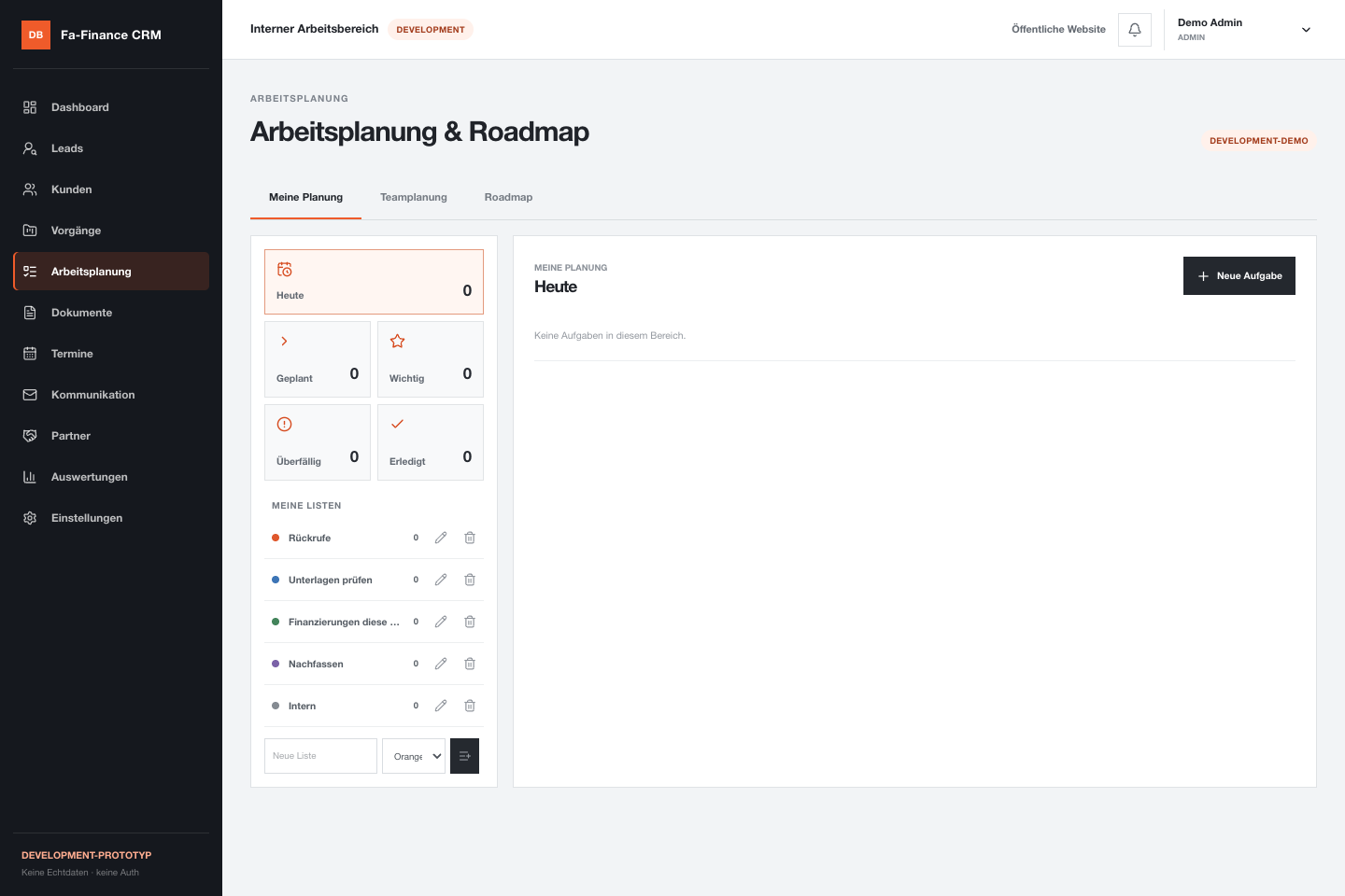 Aktuelle Aufgabenansicht des FA-Finance-CRM