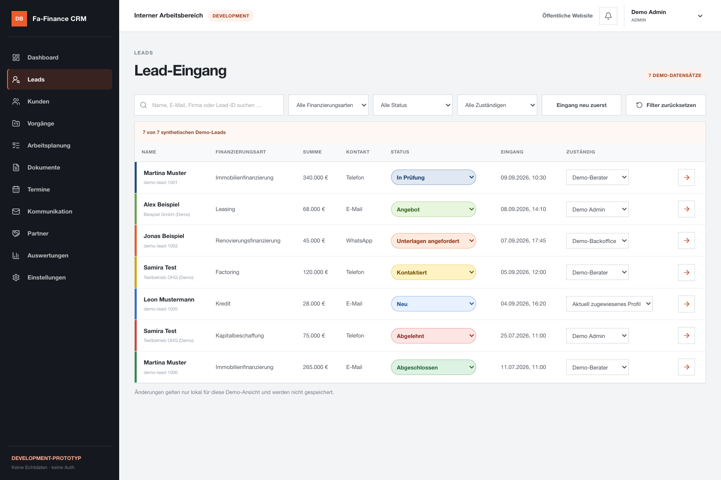 Aktuelle Leadübersicht mit Status und Filtern im CRM