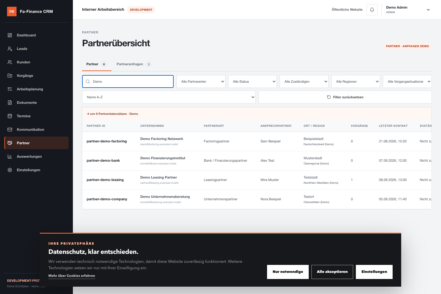 Aktuelle Partnerverwaltung des FA-Finance-CRM