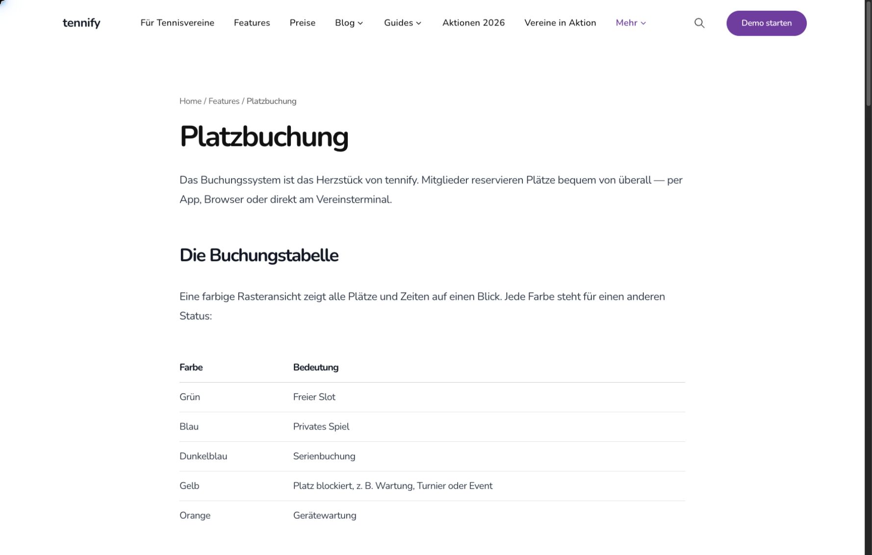 Aufnahme der tennify-Featureseite zur Buchungstabelle und zu Buchungstypen