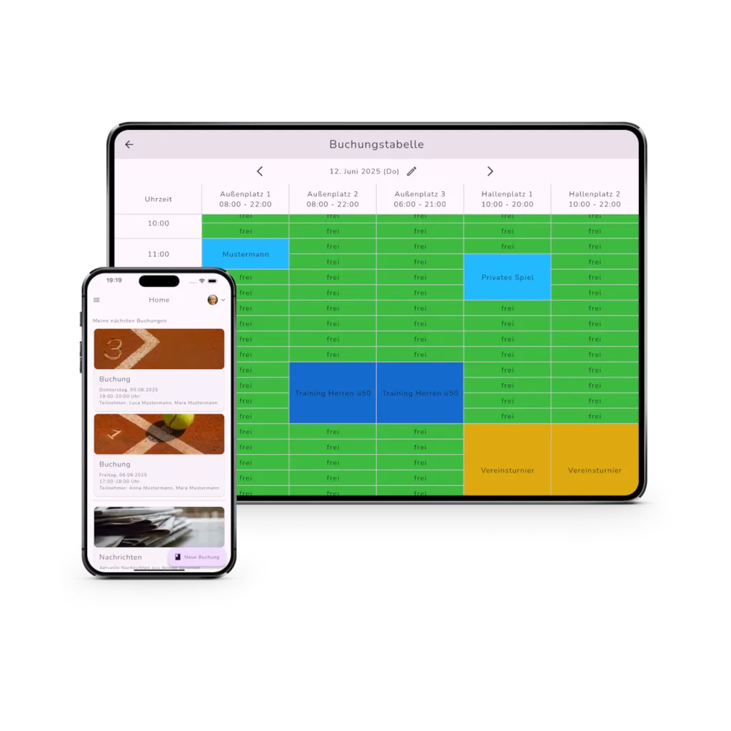 tennify auf Smartphone und Tablet: mobile Übersicht und Buchungstabelle
